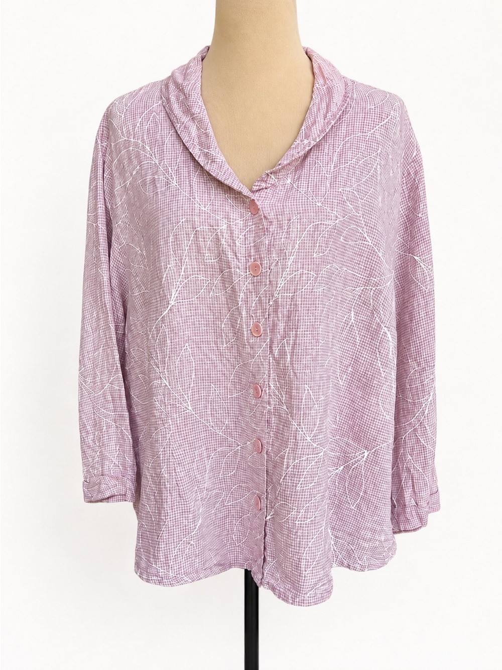FLAX 100% Linen Pink Lavender Leaf Print Button Front Top Size 1G XL - Picture 2 of 8